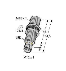 Technische Zeichnung eines zylindrischen Steckverbinders mit den Maßen 46 mm und 61,5 mm Länge, Gewinde M18 x 1 und M12 x 1, mit LED-Anzeige.