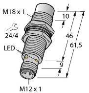 Technische Zeichnung eines M18x1 Sensors mit Maße: Gesamtlänge 61,5mm, 46mm Körper, 9mm Anschluss, LED-Anzeige und M12x1 Stecker.