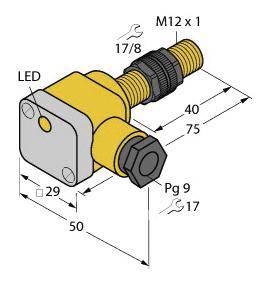Technische Zeichnung eines Winkelsensors mit LED-Anzeige. Maße: 50 mm x 29 mm x 75 mm. Gewindegrößen: M12 x 1 und Pg 9. Inklusive Schlüsselgrößen.