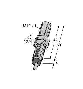 Abbildung eines Sensors mit den Maßen: Gewinde M12 x 1, Gesamtlänge 60 mm, Länge bis zur Mutter 55 mm, Stablänge 4 mm, Schlüsselweite 17/4.