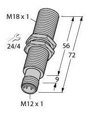 Das Bild zeigt eine Zündkerze mit den Maßen: Gesamtlänge 72 mm, Gewindedurchmesser M18 x 1 und M12 x 1, Sechskantschlüsselgröße 24.