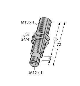 Schematische Darstellung einer Zündkerze mit Abmessungen: M18 x 1, M12 x 1, 56 mm, 72 mm, 9 mm. Werkzeuggröße: 24/4.