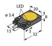 Abbildung eines rechteckigen LED-Sensors mit Maßen: Länge 32 mm, Breite 20 mm, Höhe 8 mm. Zeigt Anschlussdetails und Positionshinweise.