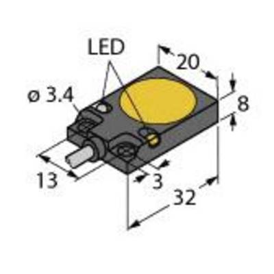 Abbildung eines rechteckigen LED-Sensors mit Maßen: Länge 32 mm, Breite 20 mm, Höhe 8 mm. Zeigt Anschlussdetails und Positionshinweise.