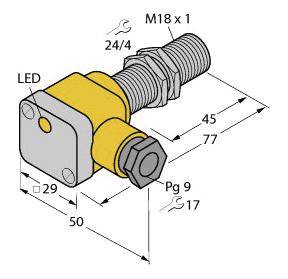 Technische Zeichnung eines Induktiven Sensors. Maße: Länge 77 mm, Gehäuse 29x50 mm. Gewinde M18 x 1. Enthält LED-Anzeige.