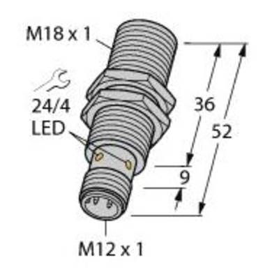 Technische Zeichnung eines zylindrischen Steckers. Beschriftungen: Gewinde M18x1 und M12x1, LED 24/4, Maße 36 mm und 52 mm.