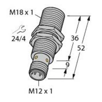 Abbildung einer Zündkerze mit Gewindemaßen: M18 x 1 und M12 x 1. Zwei Längenangaben: 36, 52 mm, Sechskant 24 mm.