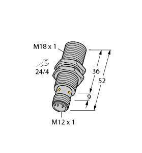 Technische Zeichnung eines zylindrischen Steckers mit Schraubgewinde M18 x 1 und M12 x 1, mit Größenangaben in Millimetern.