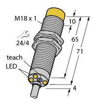 Abbildung eines Zylindersensors. Beschriftungen zeigen Maße: 10 mm, 65 mm, 71 mm. Markierungen für 'M18 x 1', 'teach', 'LED', und '24/4'.