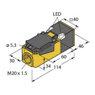 Technische Zeichnung eines rechteckigen Gehäuses mit LED-Anzeige. Maße: 114 mm x 60 mm, Höhe 46 mm, Anschlussgewinde M20 x 1.5.