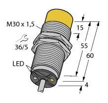 Technische Zeichnung eines zylindrischen Sensors mit M30 x 1,5 Gewinde. Enthält Maßangaben (15, 55, 60, 4) und LED-Markierung.