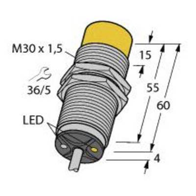 Technische Zeichnung eines zylindrischen Sensors mit M30 x 1,5 Gewinde. Enthält Maßangaben (15, 55, 60, 4) und LED-Markierung.