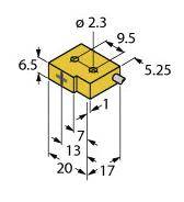 Gelbes Bauteil mit Abmessungen: 9,5 x 5,25 x 6,5 mm, Bohrungsdurchmesser 2,3 mm. Pfeile zeigen Maße in Millimetern.