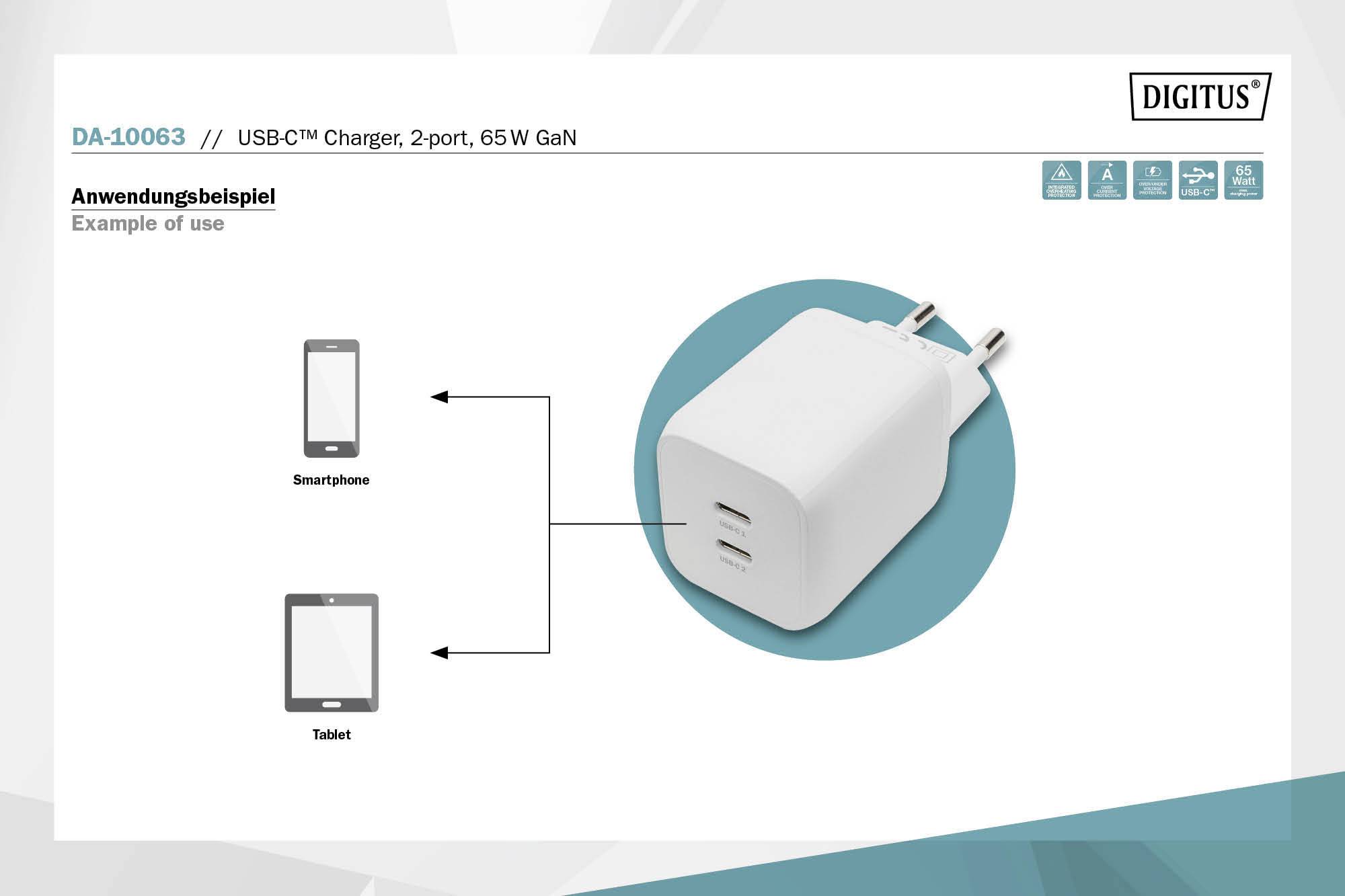'Grafik zeigt USB-C™-Ladegerät, 2-Port, 65W GaN, verbunden mit Smartphone und Tablet als Anwendungsbeispiel.'