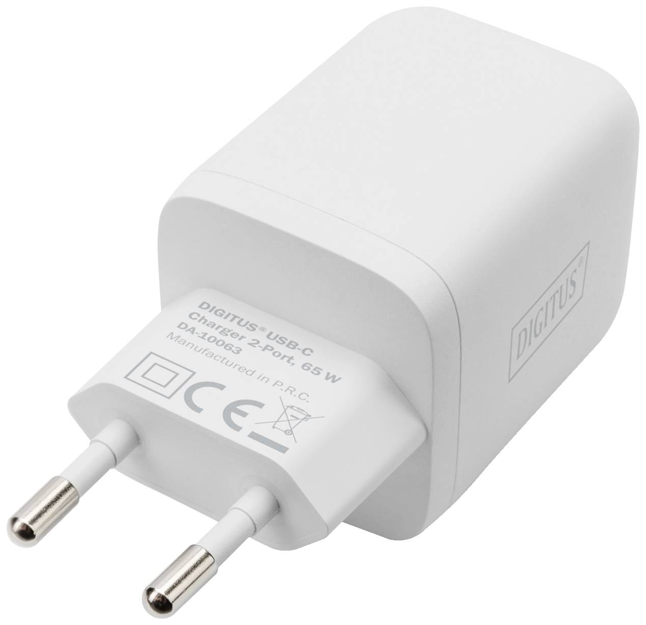 Ein weißes USB-C-Ladegerät mit zwei Steckdosenleisten und der Aufschrift 'Digitus'. Geeignet für 65W Schnellladen.