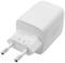 Ein weißes USB-C-Ladegerät mit zwei Steckdosenleisten und der Aufschrift 'Digitus'. Geeignet für 65W Schnellladen.
