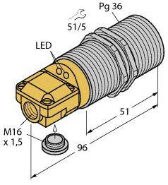 Technische Zeichnung eines zylindrischen Steckverbinders mit Abmessungen: Länge 96 mm, Durchmesser Pg 36, und Gewinde M16 x 1,5.