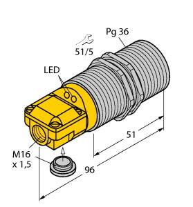 Technische Zeichnung eines zylindrischen Sensors. Maße: Länge 96 mm, Durchmesser 51 mm. Anschlussgewinde M16 x 1,5. LED-Anzeige markiert.