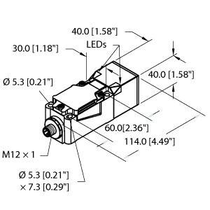 Technische Zeichnung eines Sensors. Die Maße sind in Zoll und Millimeter angegeben: Länge 114 mm, Breite 40 mm, Höhe 30 mm. Anschluss M12 x 1.