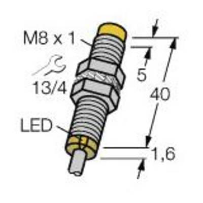 Technische Zeichnung eines M8x1 Sensors mit LED. Maße: 5 mm, 40 mm, 1,6 mm. Werkzeuggröße 13/4 angegeben.