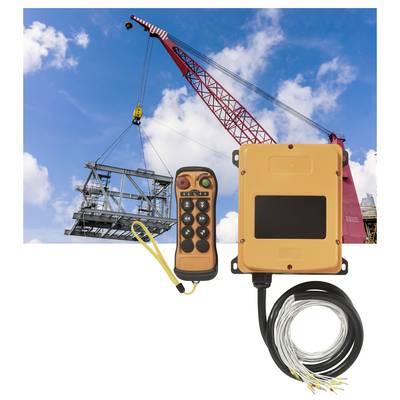 Ein roter Baukran hebt eine metallische Struktur in den Himmel. Daneben sind eine orange Fernbedienung und ein elektrisches Steuergerät abgebildet.