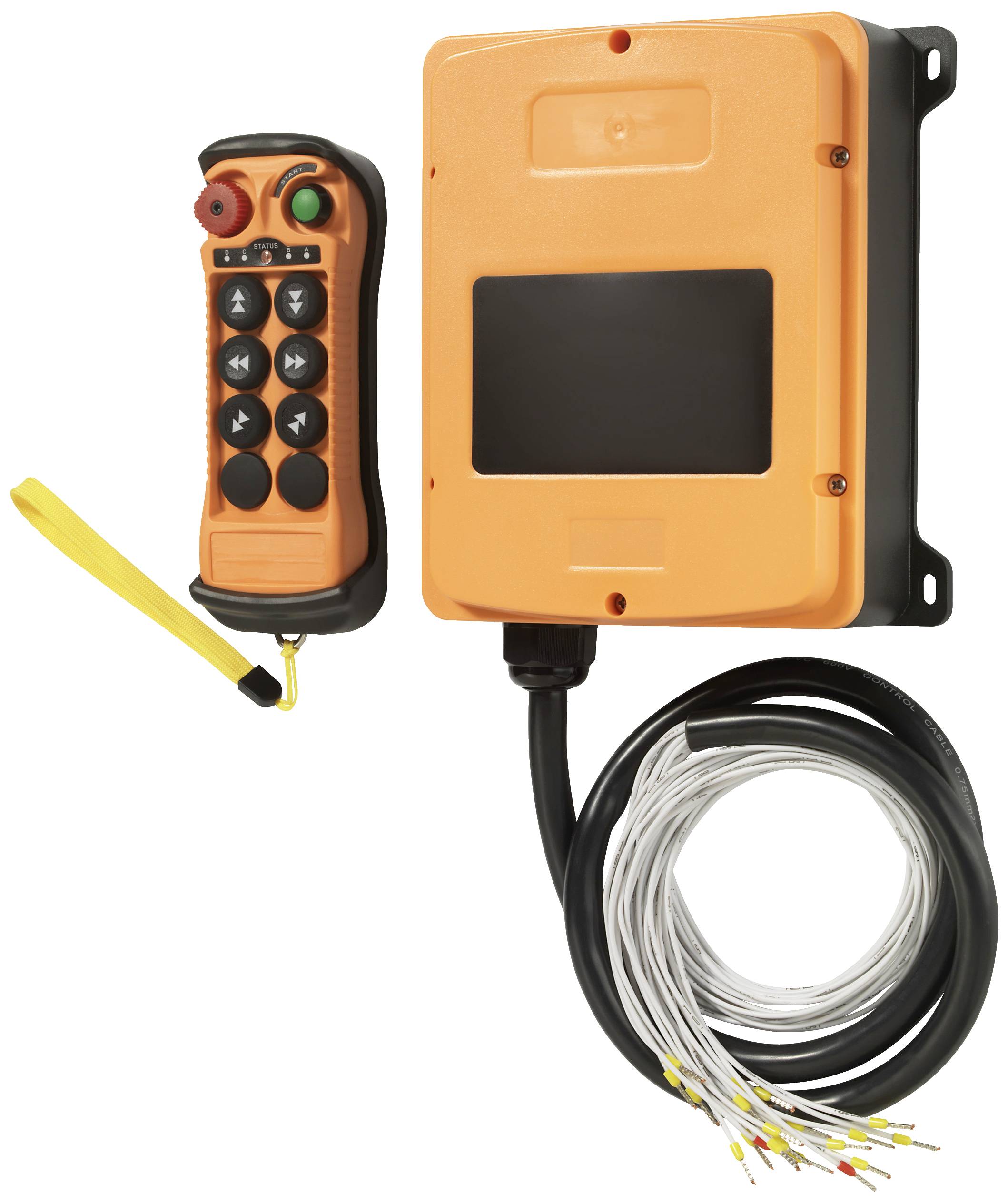 'Orange und schwarzes elektrisches Steuergerät mit Kabeln und Knöpfen, darunter ein Bedienfeld mit Symbolen zur Steuerung.'