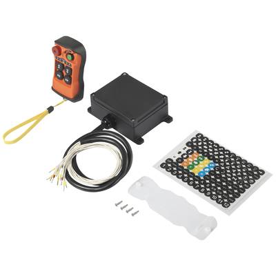Fernbedienungsset mit Empfängerbox, Kabeln, Etikettenbogen, Schrauben und Schutzabdeckung. Hauptsächlich für elektronische Geräte.