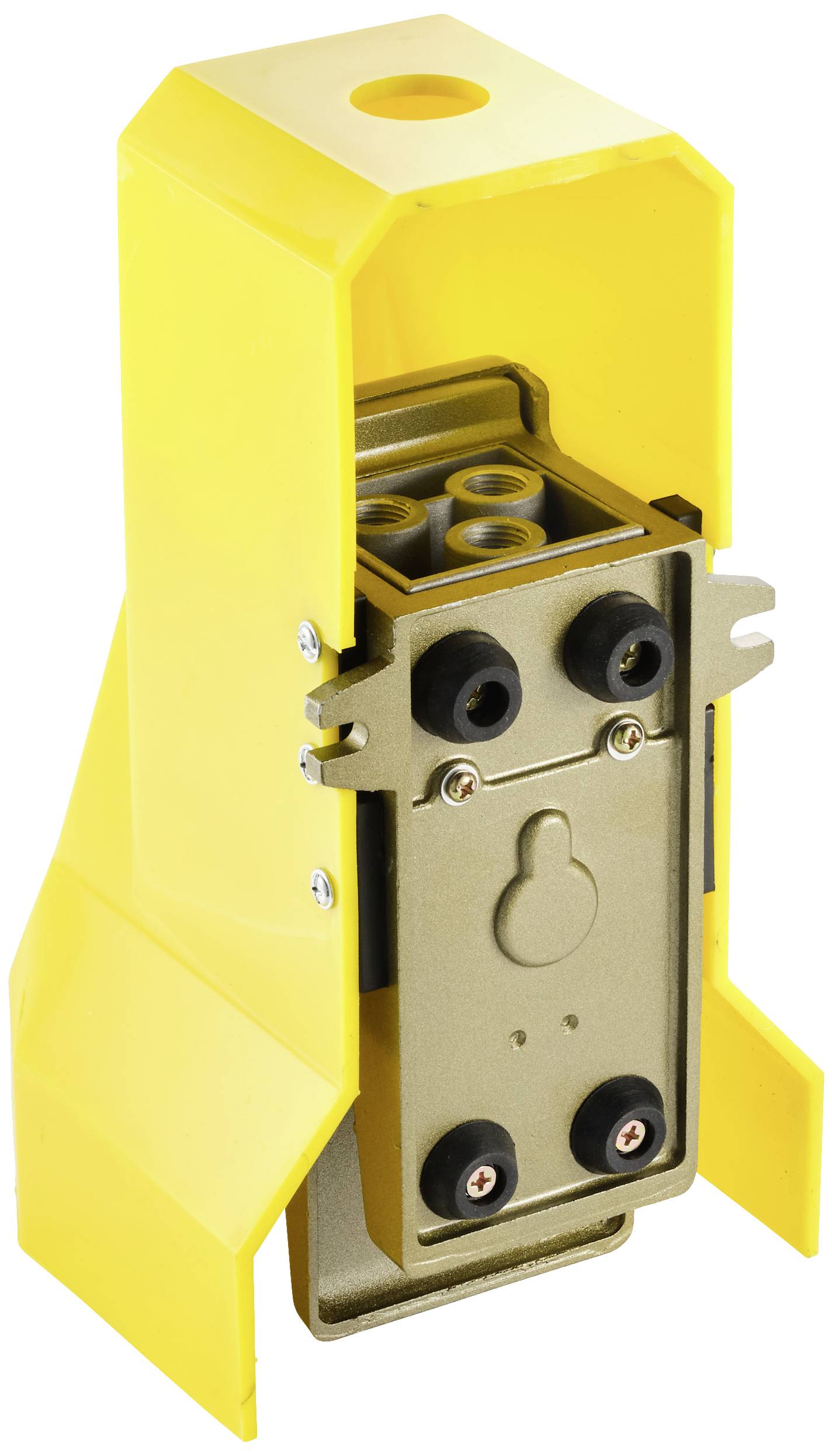 Ein gelbes, rechteckiges elektrisches Gehäuse mit Halterungen und Öffnungen, geeignet für industrielle Anwendungen.