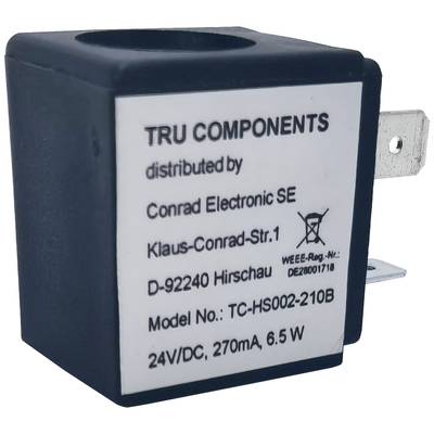 Schwarze rechteckige Spule mit Etikett: 'TRU COMPONENTS, 24V/DC, 270mA, 6.5W'; Vertrieben von Conrad Electronic SE.