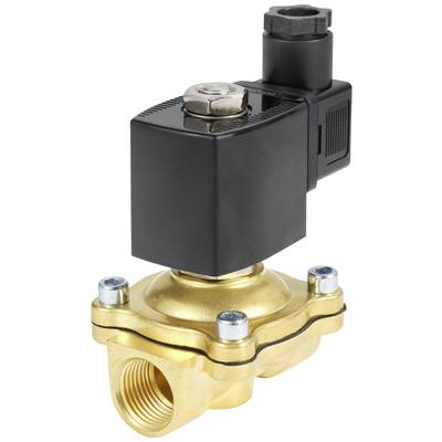 Ein elektromagnetisches Ventil aus Messing mit schwarzem Gehäuse, verwendet zur Steuerung des Durchflusses von Flüssigkeiten oder Gasen.