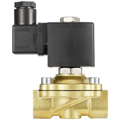 Ein elektrisch betriebenes Magnetventil aus Messing, schwarz und goldfarben, zur Steuerung von Flüssigkeits- oder Gasfluss in Rohrleitungen.