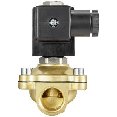 'Elektromagnetisches Ventil aus Messing mit schwarzem Magnetkopf, seitliche Anschlüsse. Wird in hydraulischen Systemen verwendet.'