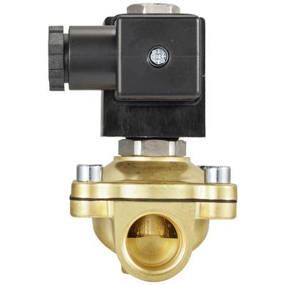 Messing-Magnetventil mit schwarzem, rechteckigem Elektroantrieb, zeigt Ventilöffnung unten. Ideal für industrielle Anwendungen.