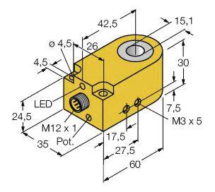 Technische Zeichnung eines gelben rechteckigen Bauteils mit Maßen und Bolzengrößen. M12 x 1-Anschluss und LED-Anzeige sind sichtbar.