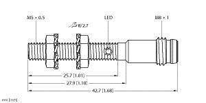 Technische Zeichnung eines Bolzens mit LED. Maße: Länge 42,7 mm, Durchmesser M5 bis M8, LED Durchmesser Ø2,7 mm.