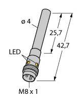 Diagramm eines zylindrischen Steckverbinders mit LED, Beschriftungen 'Ø 4', 'M8 x 1', Längen 25,7 mm und 42,7 mm.