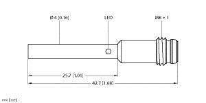 Technische Zeichnung eines Rohrs mit LED. Maße: Länge 42,7 [1.68], Durchmesser 4 [0.16], weitere Spezifikation: M8 x 1.