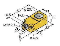 Zeichnung eines rechteckigen gelben Sensors mit Abmessungen und Hinweisen. Maße: 52x30x14 mm. Markierungen für Potentiometer und Anschluss M12 x 1.