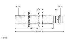 Technische Zeichnung eines Steckverbinders mit Gewinde M8 x 1, LED-Kennzeichnung, Gesamtlänge 49 mm und andere Maße.