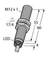 Diagramm eines zylindrischen Sensors mit den Maßen: M12 x 1 Gewinde, Gesamtlänge 60 mm, LED-Position gekennzeichnet bei 4 mm.