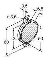 Technische Zeichnung eines runden Gitters mit Maßen: Durchmesser 60 mm, Tiefe 42 mm, Schraubenlöcher 3,5 mm, Gesamthöhe 50 mm.