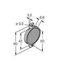 Diagramm eines runden Lüftungsgitters mit Maßen: Durchmesser 42 mm, Gesamthöhe 60 mm, Breite 50 mm, Bohrungen 3,5 mm.