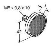 Technische Zeichnung eines rechteckigen Metallfilters mit den Maßen: M5 x 0,8 x 10, 42 mm Höhe, 9 mm Durchmesser.