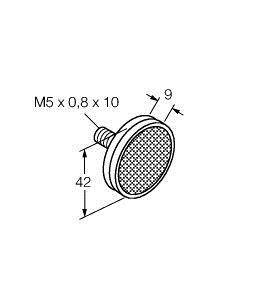Technische Zeichnung eines runden Stützfußes mit Maßen: Durchmesser 9 mm, Höhe 42 mm, Gewinde M5 x 0,8 x 10 mm.