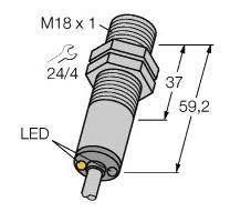 Diagramm eines zylindrischen Sensors mit Gewinde M18 x 1 und zwei Pfeilmaßen: 37 mm und 59,2 mm. LED markiert an der Unterseite. Schraubenschlüsselgröße 24/4.