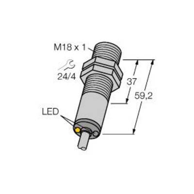 Abbildung eines zylindrischen Sensors mit Gewinde M18 x 1, einer Länge von 59,2 mm und einer LED-Anzeige.