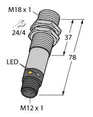 Messfühler mit M18-Gewinde, 78 mm Länge, M12-Anschluss. Zeigt Position der LED und einen Schraubenschlüssel für Größe 24/4.