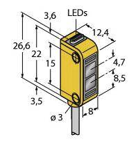 Gelber Sensor mit Abmessungen: Höhe 26,6 mm, Breite 12,4 mm, Tiefe 22 mm. Markierte LEDs und Befestigungsschraube ø 3 mm.