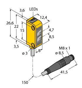 Gelbes rechteckiges Sensorbauteil mit LED-Anzeige und mehreren Abmessungen in Millimetern dargestellt. Kabel mit M8-Stecker.