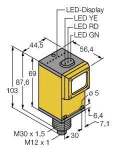 Ein rechteckiger Sensor mit gelbem Gehäuse, verschiedenen LED-Anzeigen (YE, RD, GN), und spezifischen Maßen und Gewinden.